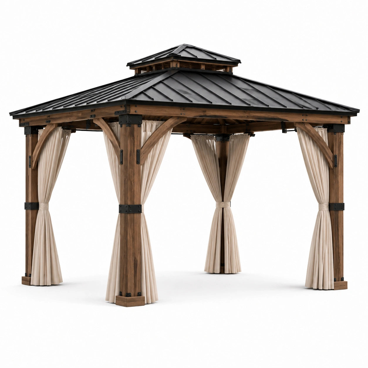 Holz-Metall Gartenpavillon mit Stahl-Dach und Vorhängen 300x400 cm