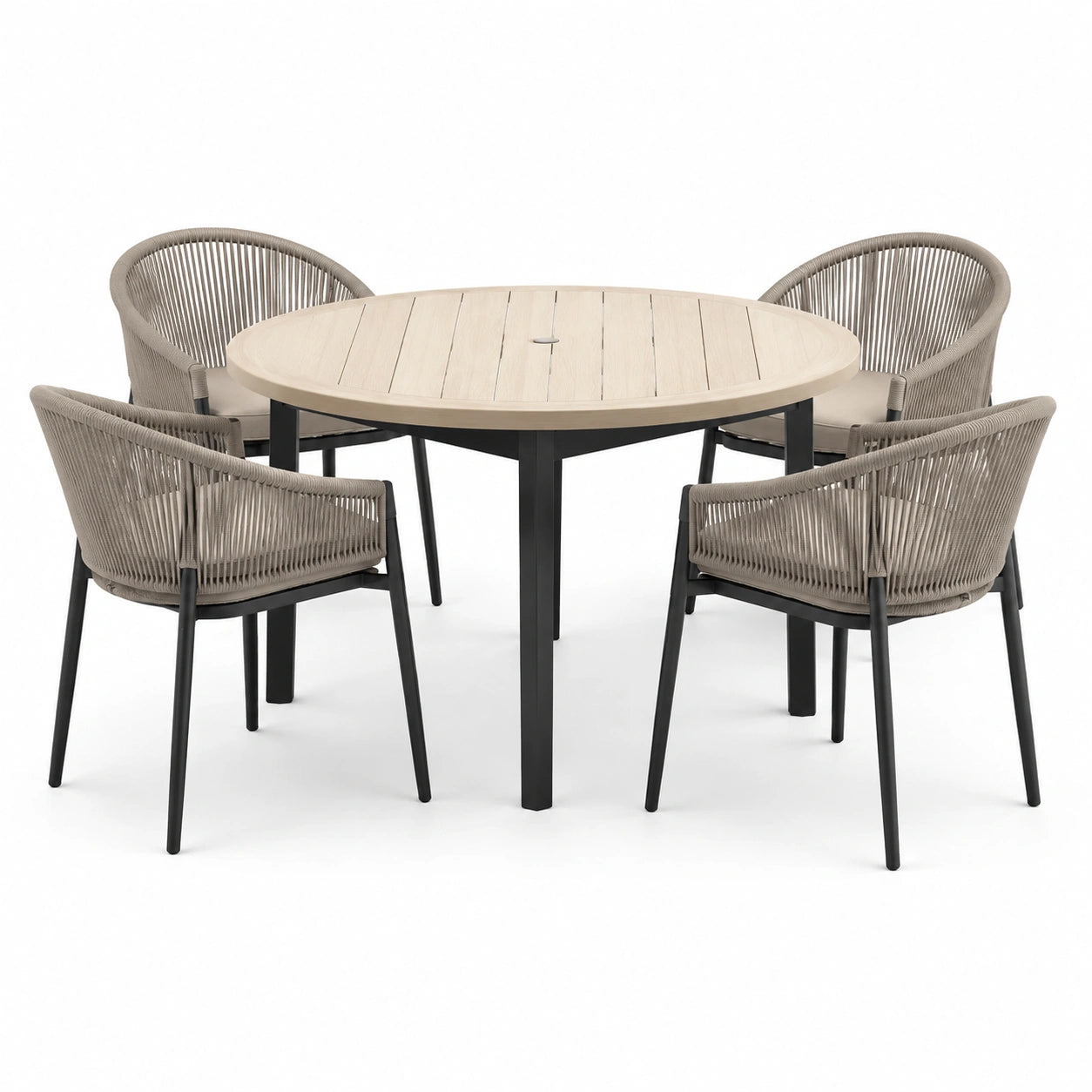 Rundes Gartenset aus Teak und Metall mit 4 Sesseln Beige
