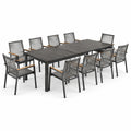 Essgruppe aus Aluminium mit Teakholzarmlehnen, 1 Tisch und 10 Stühle, Grau