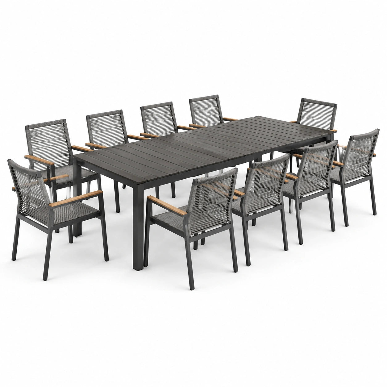 Essgruppe aus Aluminium mit Teakholzarmlehnen, 1 Tisch und 10 Stühle, Grau