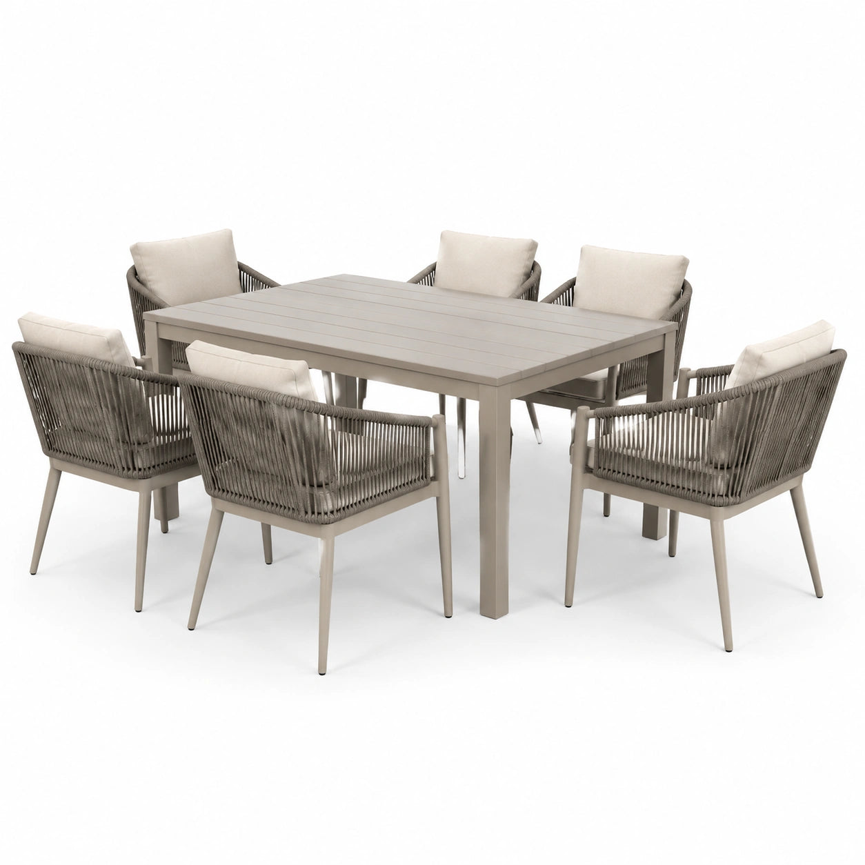 Essgruppe aus Aluminium und Polypropylen-Geflecht in Beige für den Außenbereich