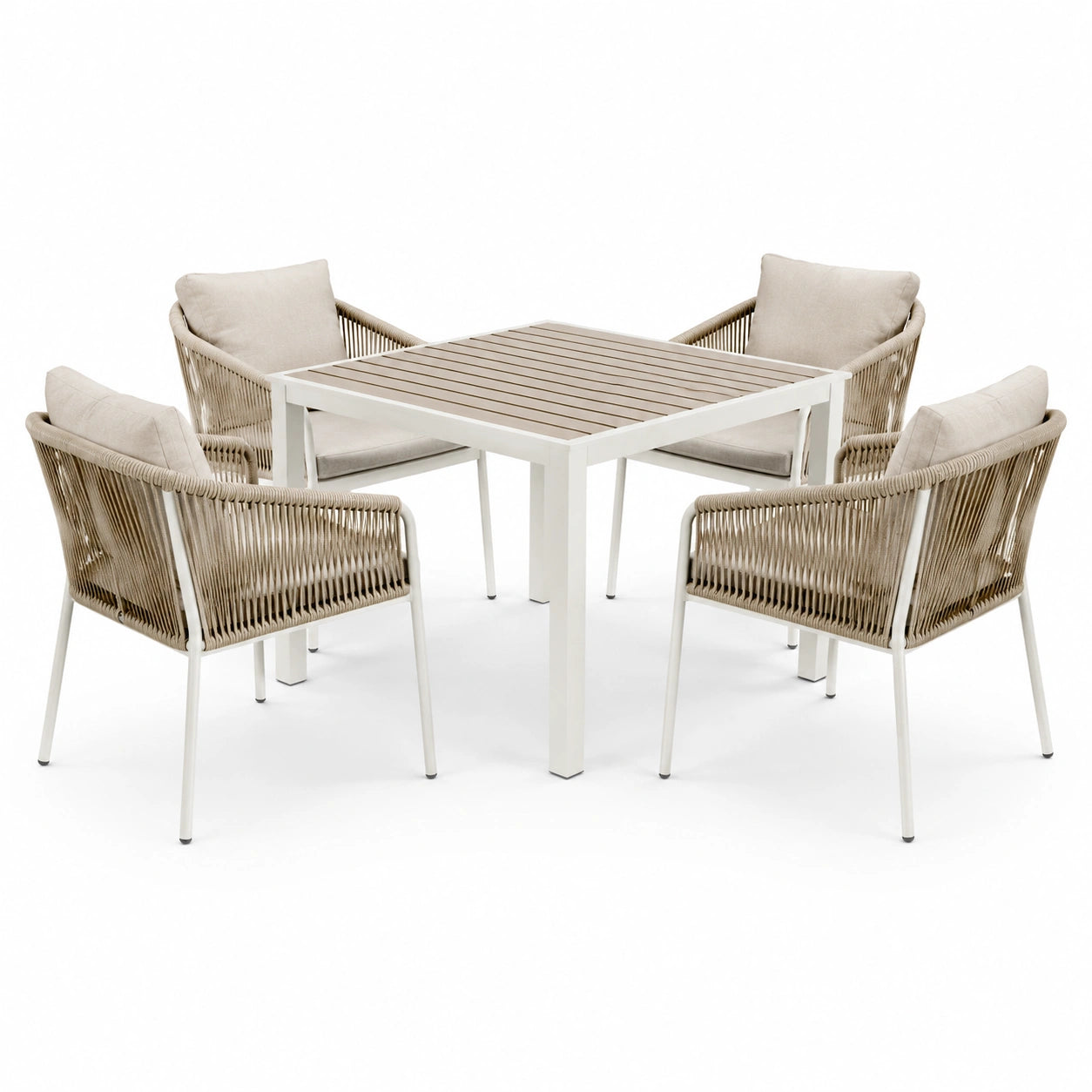 Garten-Essgruppe aus Aluminium mit Tisch 90x90 cm und beigen Stühlen