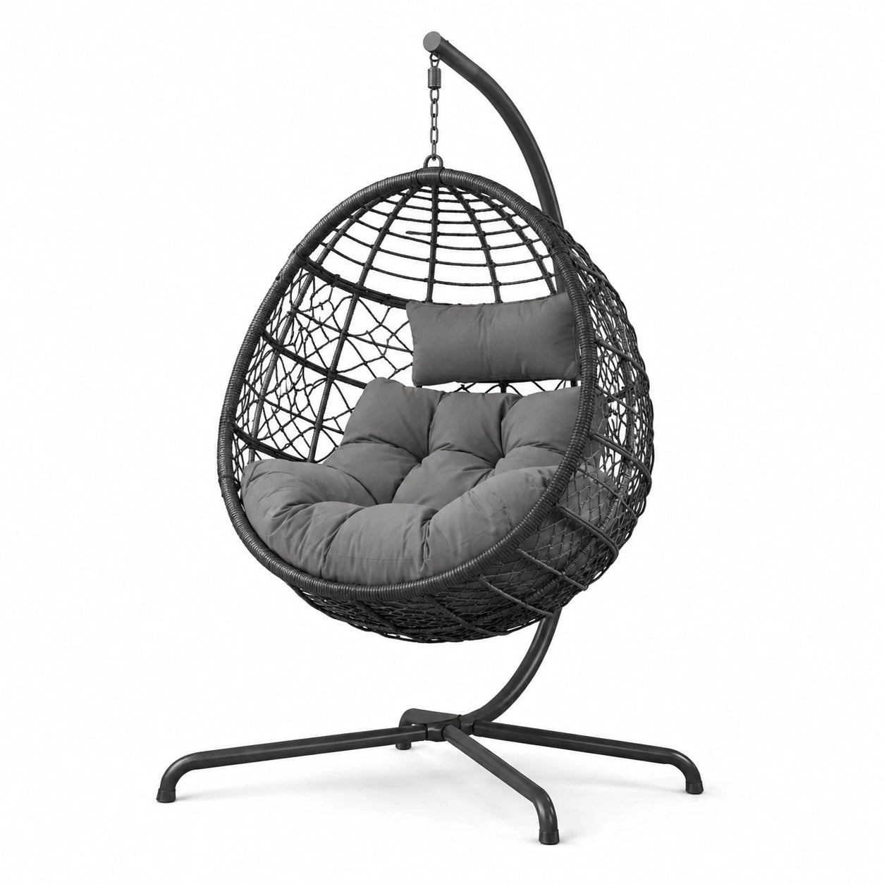 Hängesessel aus Poly-Rattan mit Stahlrahmen und Kissen, Schwarz/Grau